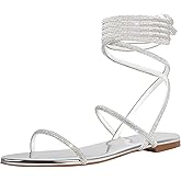 Onlymaker Womens Lace up Rhinestone Flat Sandals Butterfly Ankle Wrap Tie up Round Toe Slide Summer Beach Sandals