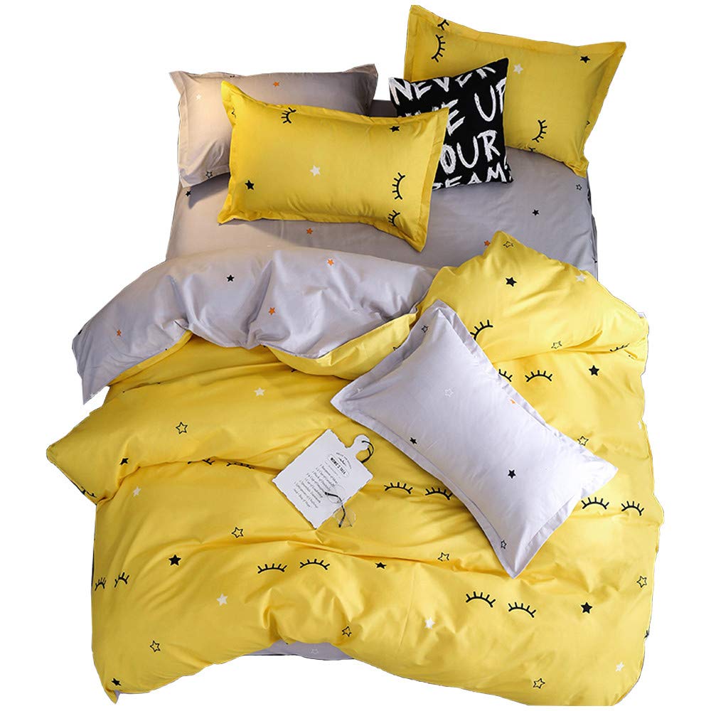 JQWUPUP Yellow Quilt Cover Set Double, 3Pcs Bedding Duvet Cover Zipper with Pillowcases for Teens Kids Girls Boys, Lightweight Durable Microfiber (Double, Yellow)