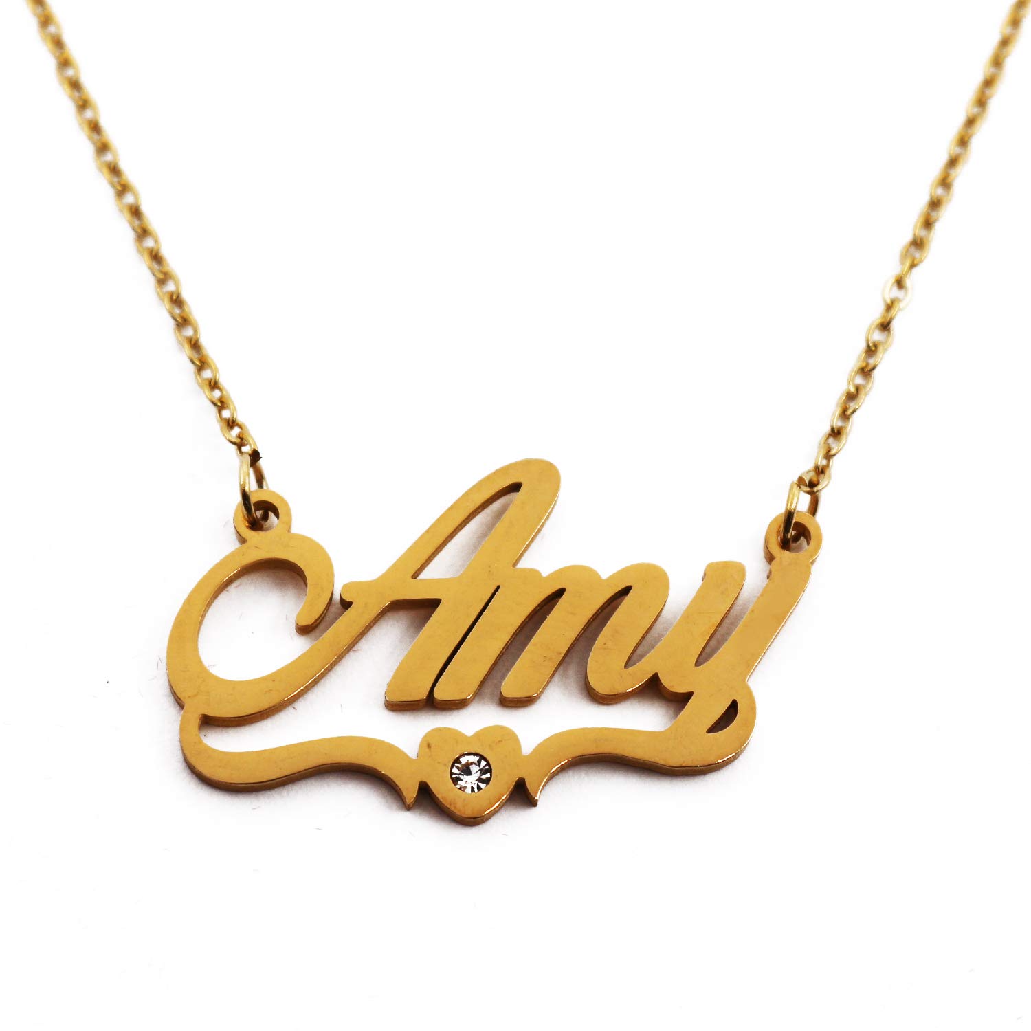 Kigu Amy Name Necklace, Gold Plated, Personalised Name Necklace, Customised Jewellery For Women, Heart Shaped, Girlfriend Gifts, Wife Gifts, Valentines Gifts, Incl Gift Packaging