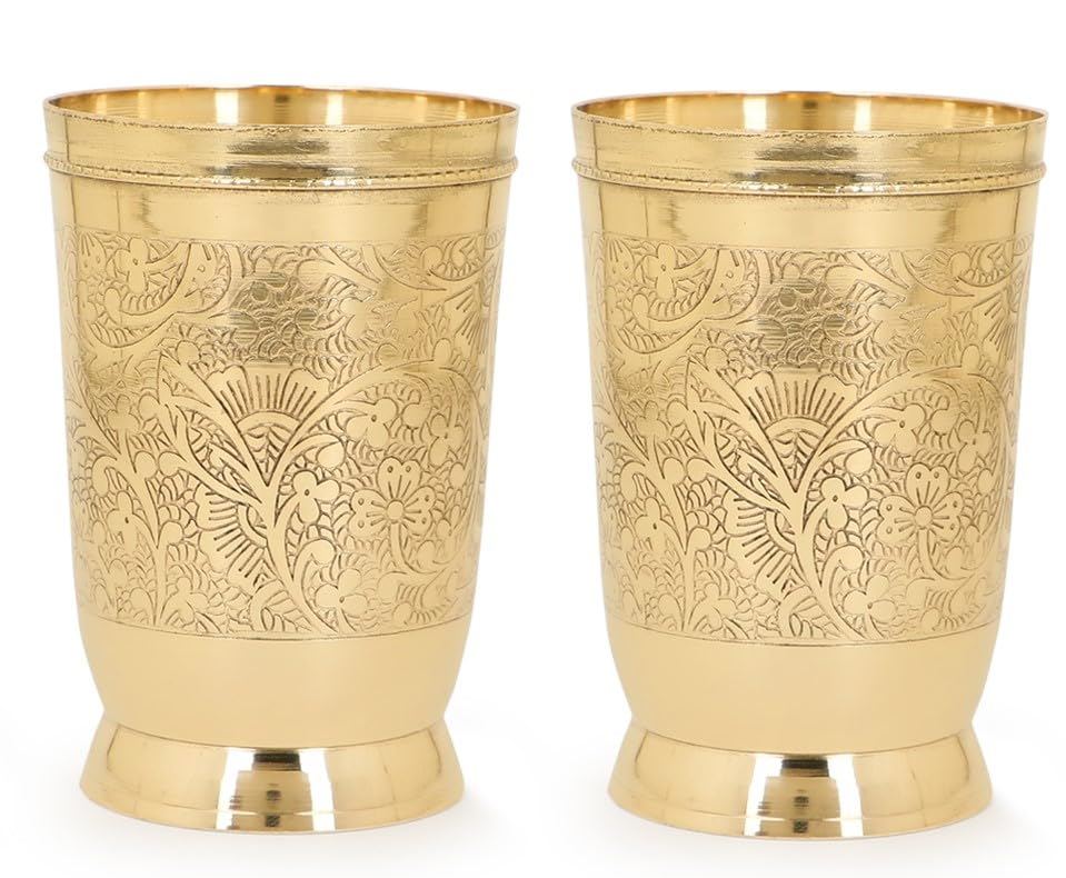 Zap Impex Brass Cup 250ml | Brass Drinkware | Heavy Lassi Glass | Small Cup for Water, Milk, Juice, Soft Drinks | Multipurpose Drinking Glass (2)