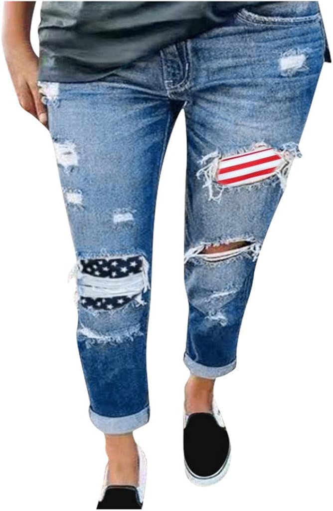 SPORTTIN Womens High Waisted Ripped Jeans American Flag Printed Rolled