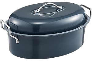 HONGBAKE 18 Inch Turkey Roasting Pan with Rack and Lid – Large Gray Carbon Steel Roaster Pan for 20 lb Turkey, Oven Safe Baking Pan for Holiday Meals & Thanksgiving