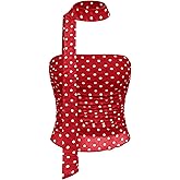 KIGRAD Womens Y2k Polka Dot Mesh Crop Tube Top with Scarf Sleeveless Strapless Cute Fitted Ruched Bandeau Tank Shirts