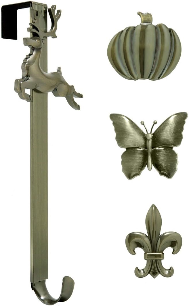Wreath Hangers - Haute Decor Adapt Adjustable Length Wreath Hanger with Interchangeable Icons (4 Wreath Hangers in 1) (Antique Brass-Reindeer/Pumpkin/Butterfly/Fleur de lis)