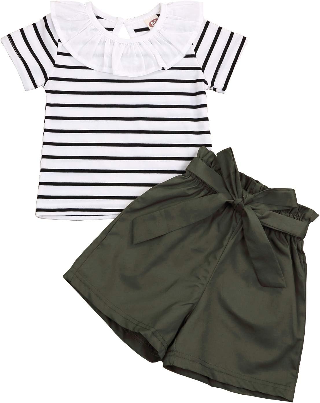 Toddler Girls 3pcs Black White Stripes Floral Ruffle Tops Jumpsuit + Suspender Skirt Set