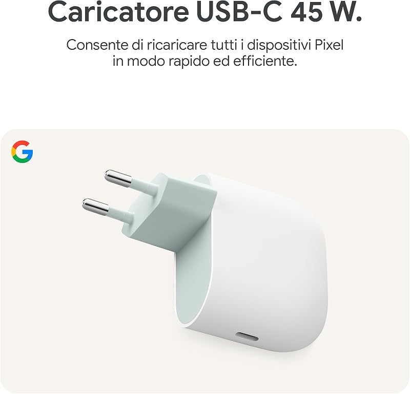 Caricatore Google USB-C 45 W - Caricatore per la ricarica rapida di smartphone Pixel - Compatibile con i prodotti Made by Google e altri dispositivi USB-C® - Bianco ghiaccio
