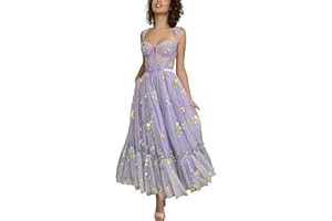 Basgute Women's Flower Embroidery Tulle Prom Dresses Tea Length Corset A Line Fairy Formal Evening Party Gown