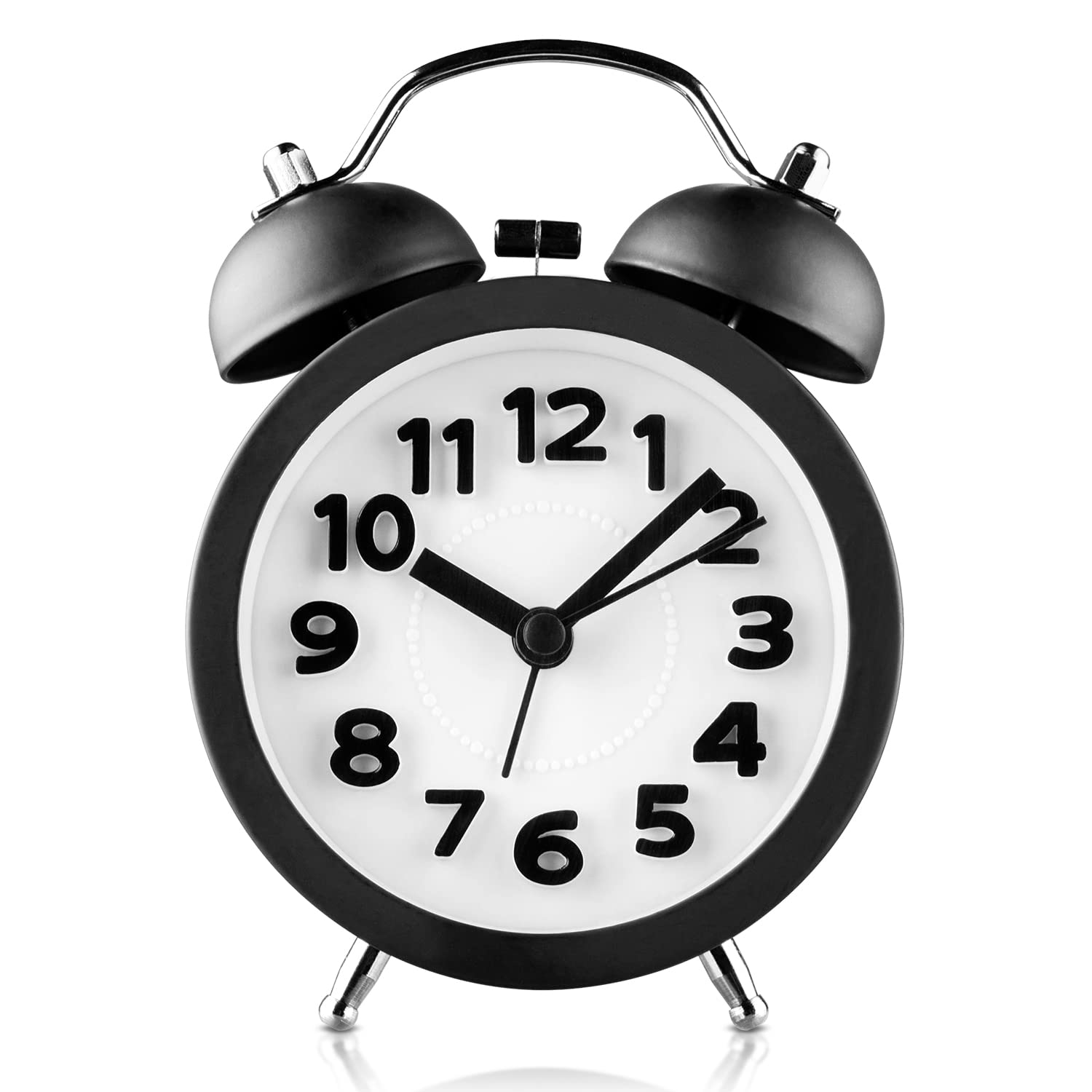 PILIFE 3" Mini Non-ticking Vintage Classic Bedside/Analogue Alarm Clock with Backlight, Battery Operated Travel Clock, Round and Loud Twin Bell Alarm Clock - Black