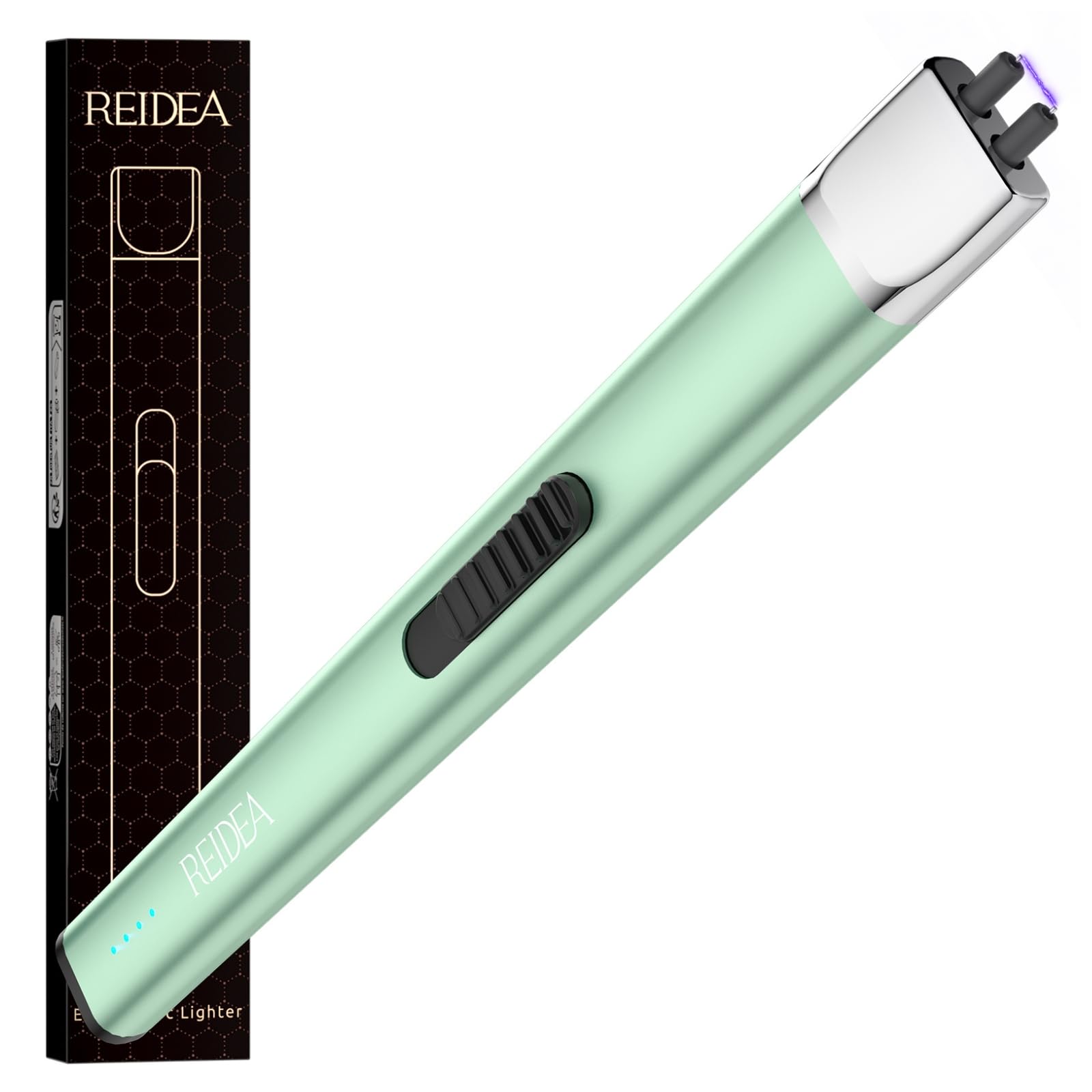 Photo 1 of REIDEA Electric Flat Candle Lighter, Windproof Arc Lighter with Safe Button and Power Indicator for Candle, BBQ and Fireworks, Mint Green