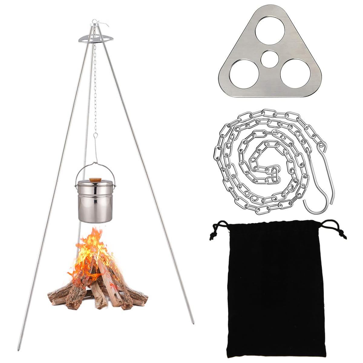 Porssaut Portable Camping Tripod set, Stainless Steel Campfire Cooking Accessories Set with Adjustable Chain Hanger Hook