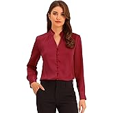 Allegra K Women's Satin Blouse Button Up V Neck Ruffled Collar Long Sleeve Formal Shirts