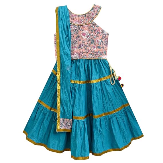 A.T.U.N by Hopscotch Baby Girls Cotton Pastel Floret Block Print- Yoke Three Piece Lehenga Set in Pink Color