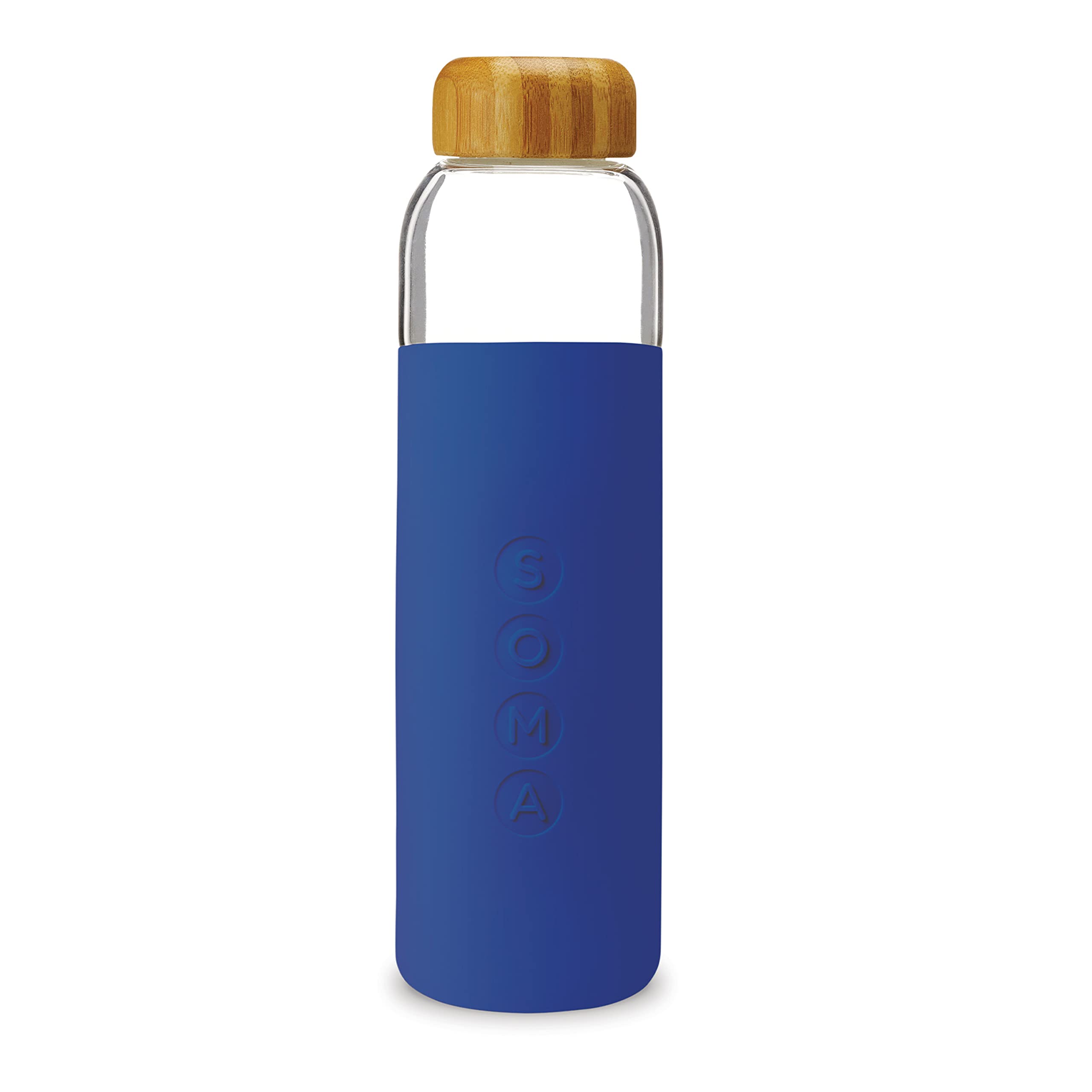 Soma Glass Water Bottle with Non-Slip Silicone Handle & Sleeve, Natural Bamboo Screw Cap, and Leak-Proof Design - Reusable, Refillable, BPA-Free, Eco-Friendly Alternative - Sapphire, 480 ml