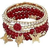 Azusa Sun 4 Pcs Cute Butterfly Charm Bracelets Set Gold Beaded Stackable Stretch Bracelets Bohemian Summer Jewelry Gifts for Women