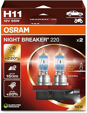 Osram NIGHT BREAKER 220, H11, +220% mehr Helligkeit, Halogen-Scheinwerferlampe, 64211NB220-2HB, Faltschachtel (2 Lampen)