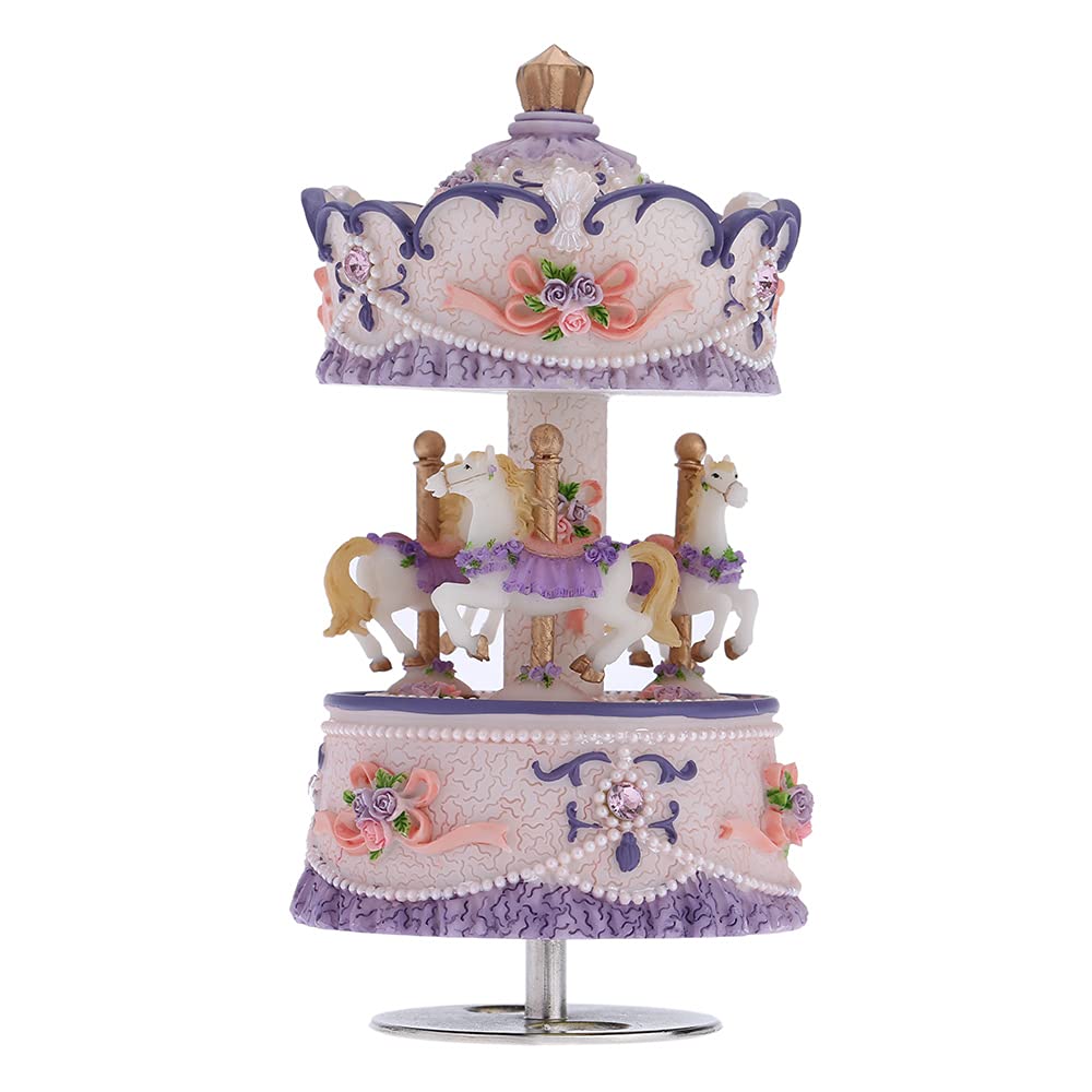 Sasuori Windup 3-horse Carousel Music Box Artware/Gift Melody Castle in the Sky Pink/Purple/Gold Shade for Option