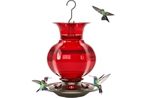 Auslar Hummingbird Feeder, Red Glass Hummingbird Feeders for Outdoors Hanging with Ant Moat, 5 Simulation Flowers Feeding Ports, 23 Ounces, Rustproof, Fade Proof, Pomegranate Shape
