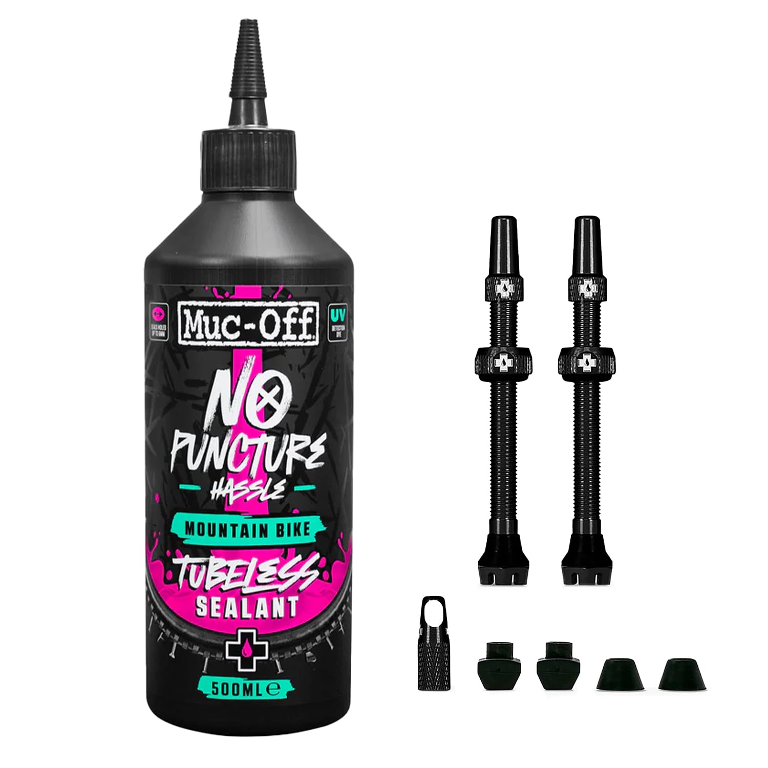 Muc-Off MTB Tire Sealant 500ml + 60MM Black Valve for Bikes | Fix a Flat Tire Sealant | Waterproof Sealant for MTB | Up to 6 Months Lasting and Eco-Friendly | CO2 Compatible Sealant +UV Dye Image