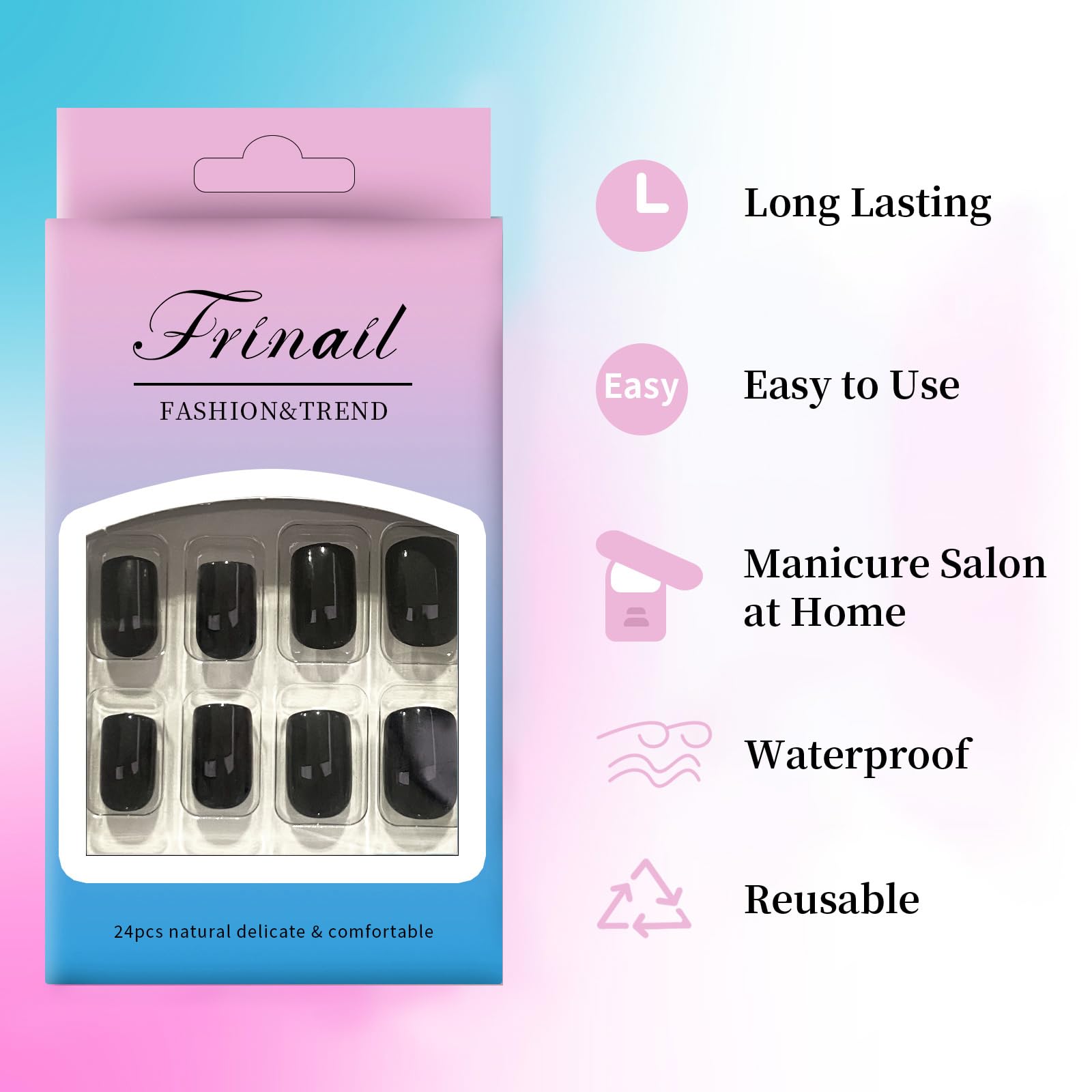 Frinail Black Press on Fake Nails Short Square,Gel Manicure Glossy Acrylic Stick on False Nails Kit for Women Girls,24PCS 10 Size Glue On Nails for Small Flat Medium Gig Long Nail Beds - Image 3