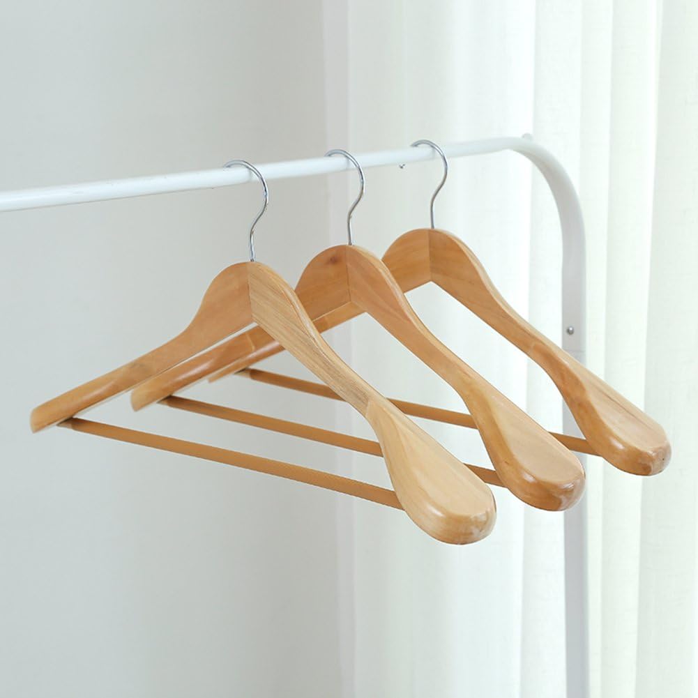 Wide shoulder wood hangers for suits,Solid wood hangers with non-slip trouser bar Wood coat hangers pack of 3 wide wood hanger for coats and pants-D 38x22x5.5cm(15x9x2)