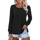 Heymiss Womens Long Sleeve Shirts Pleated Crew Neck Blouses Dressy Casual Loose Fall Tunic Tops