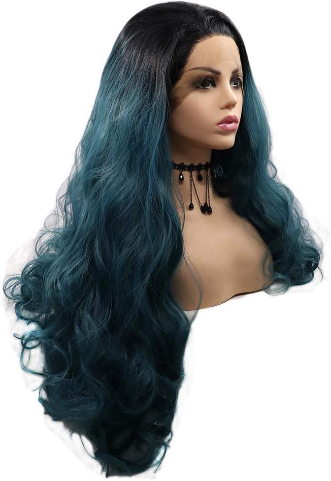 Long Wavy Blue Green Lace Front Wigs for Women Mixed Color Ombre Hair with Dark Roots Wig Heat Resistant Synthetic Wig Cosplay Party Halloween Daily Use Christmas Gtft 24inch - Image 3