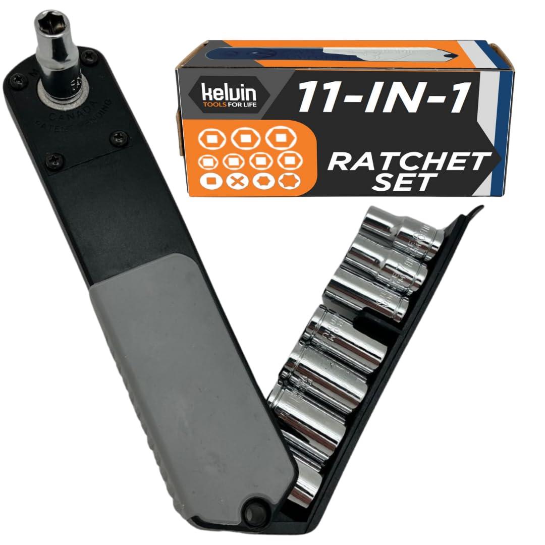 KELVIN Tools PakRatchet: Compact Right-Angled Ratchet Socket and Screwdriver Set - Mini Ratcheting Socket Set and Screwdriver, 90 Degree for Tight Spaces, 11 in 1 Impact