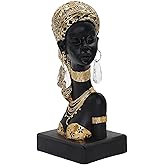 Dwelloria African Woman Resin Bust Sculpture with Crystal Earrings – Tribal Lady Figurine in Gold Headdress for Home Decor, Black and Gold Accent Statue for Shelf, Table, Office, Gift for Women