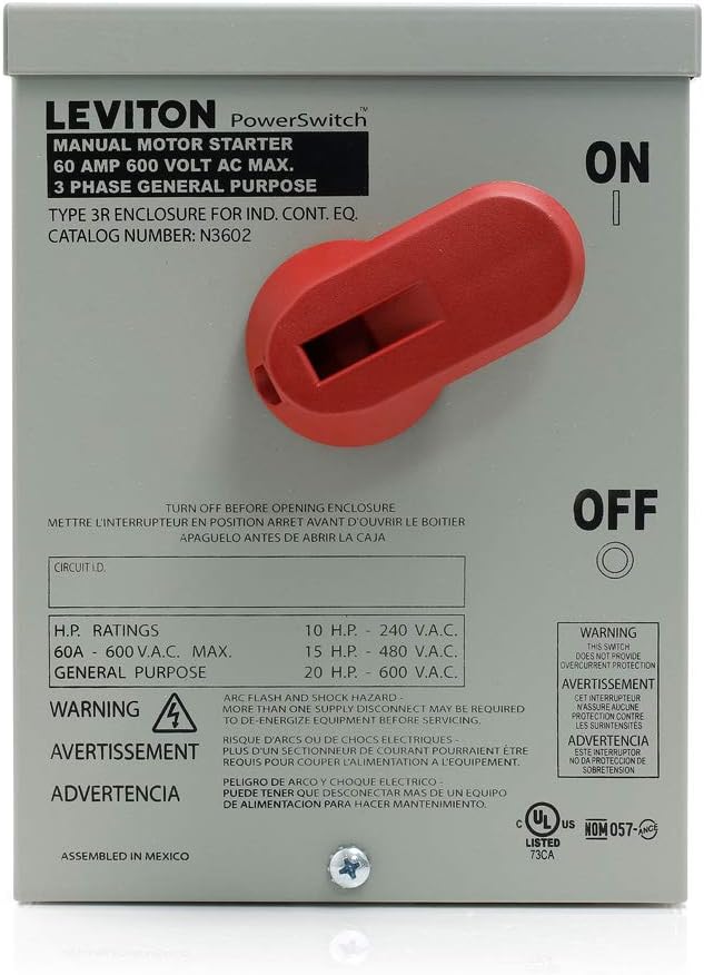 Leviton N3602 60 Amp, 600 Volt, Toggle In Type 3R Enclosure, DoublePole, AC Motor Starting