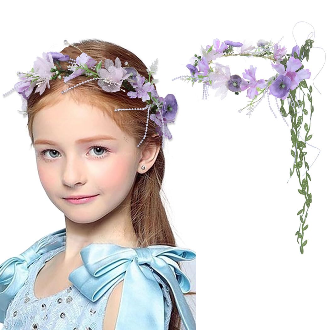 IYOU Boho Wedding Floral Crown Woodland Purple Leafs Hair Wreath Flower Girl Hair Accessories for Girls and Women