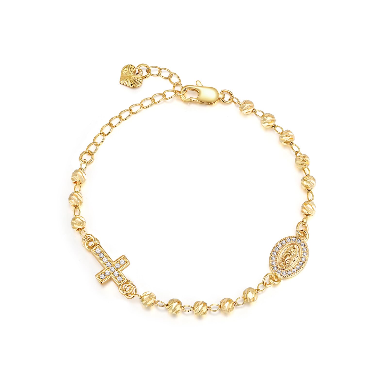 Gold Rosary Bead Cross Bracelet - 14k Gold Plated Virgin Mary Bracelets,Golden Non Tarnish Religious Rosarios Catolicos Virgen de Guadalupe Jewelry,Catholic Confirmation Baptism Gift for Women