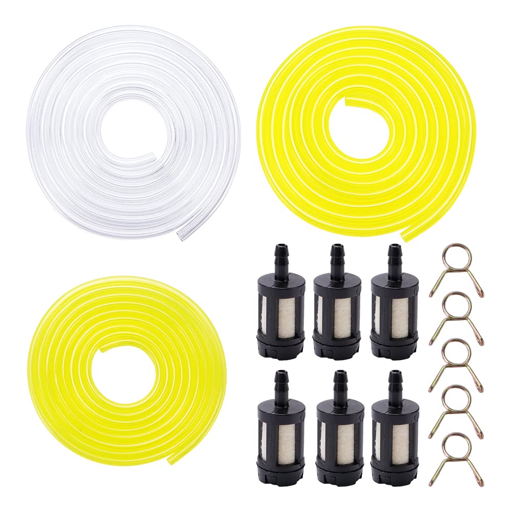 VooGenzek 9 PCS Petrol Fuel Line Hose Tube, 1.5m Yellow Transparent Tubing Oil Hose (2 x 3.5mm, 2.5 x 5mm, 3 x 5.5mm) + 6 PCS Filter Element, for Brush Cutter, Trimmer, Lawnmower, PVC Hose, Oil Hose