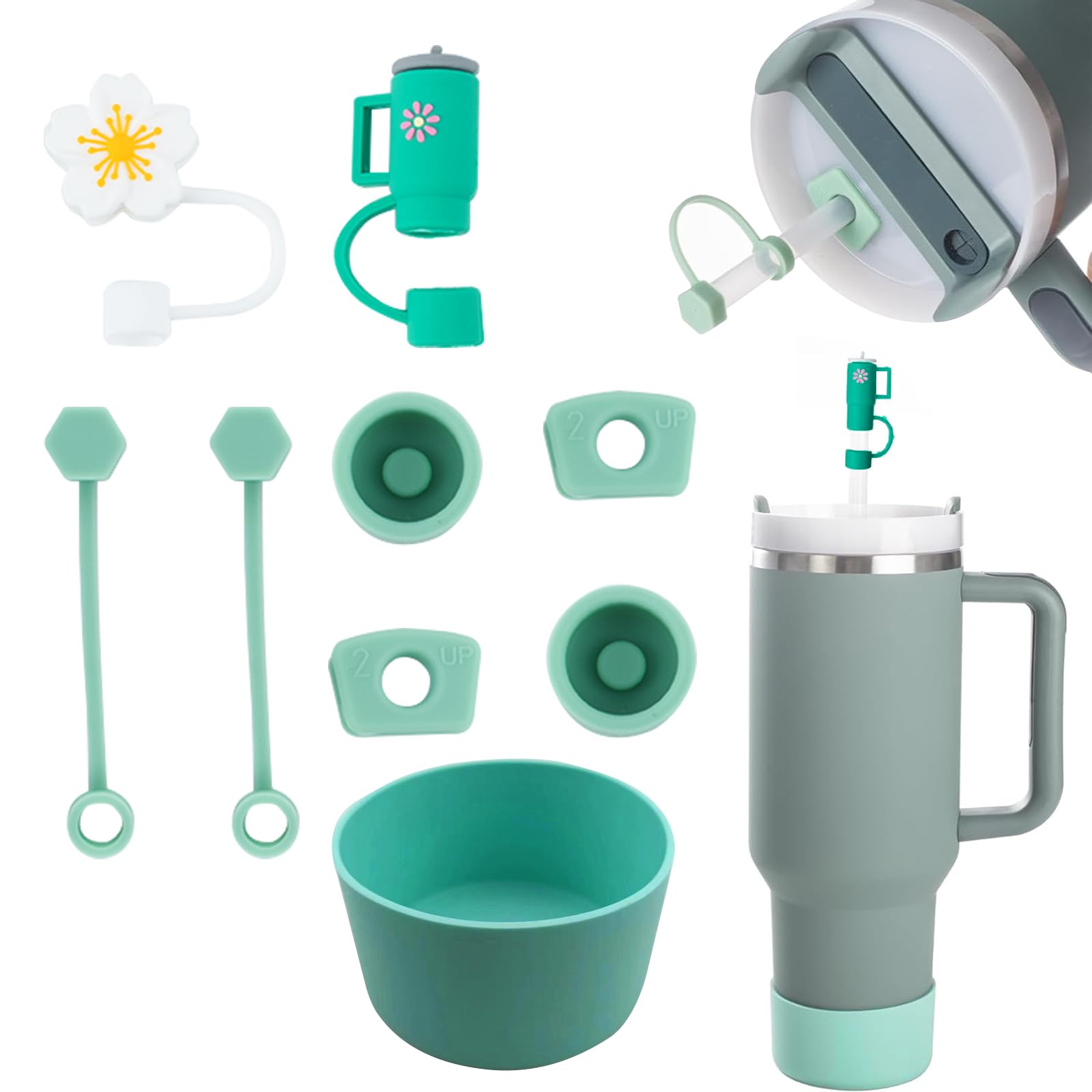 AYNKH Cup Accessories Set for Stanley Cup, Includs 2 Pcs Cup Straw Cover for 9-10mm Straw, 6 Pcs Silicone Spill Proof Stopper, 1 Pc Silicone Bottom Cover, Travel Cup Accessories (Green)