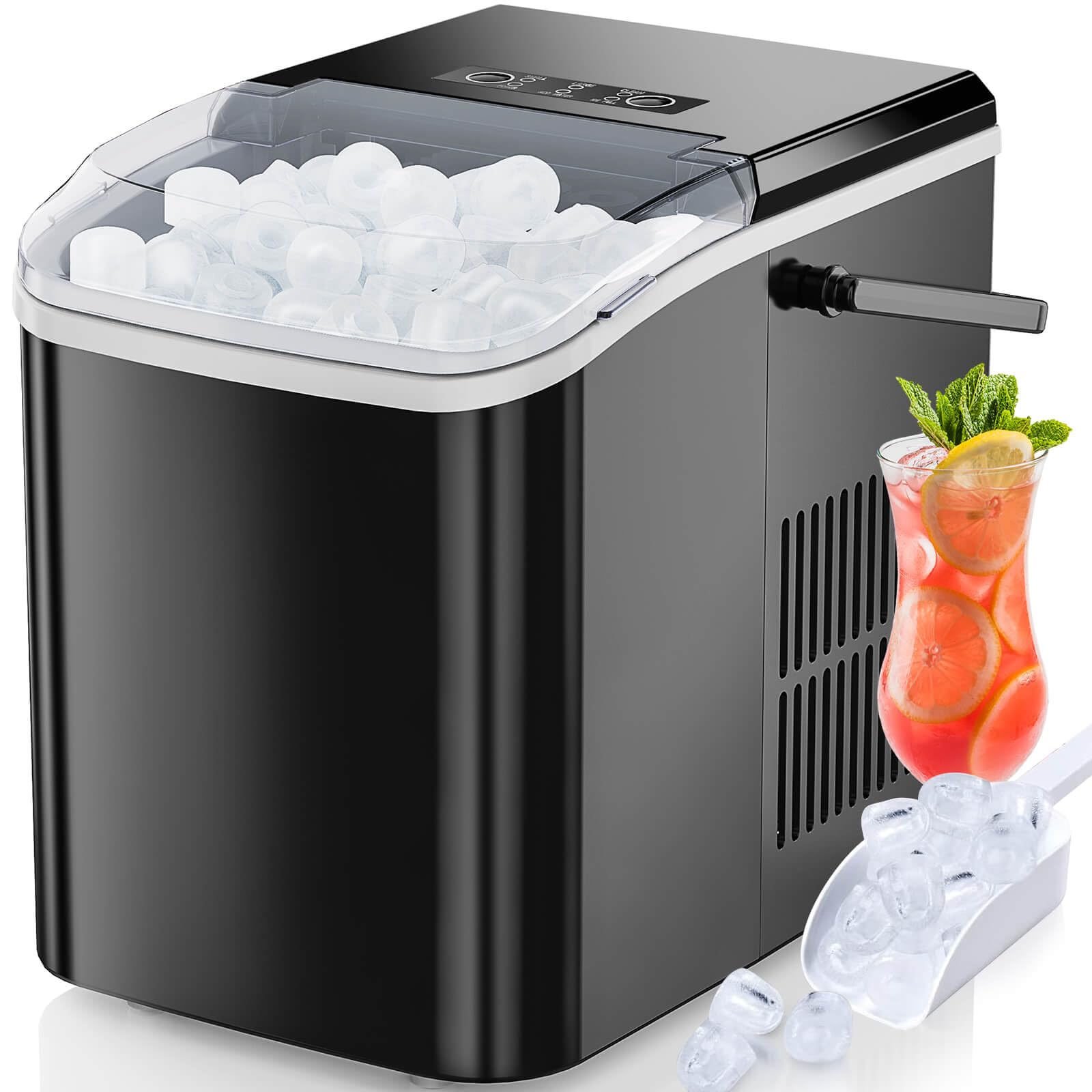 Ice Maker Countertop with Handle, 9 Cubes Ready in 6 Mins, 26lbs in 24Hrs, Portable Self-Cleaning Ice Machine with Basket and Scoop, 2 Sizes of Bullet Ice, for Home Kitchen Camping RV, Black