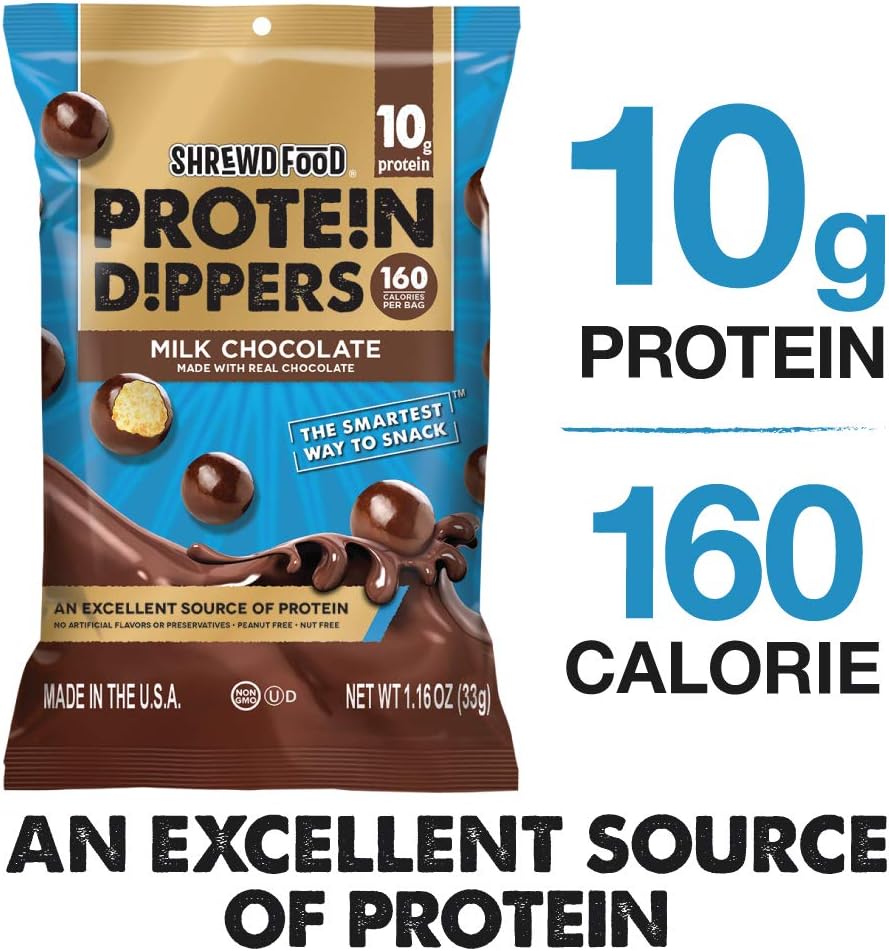 Shrewd Food Milk Chocolate Protein Crisp Dippers | Chocolate Covered High Protein Puffs, Healthy Snacks | 10g Protein | Low Sugar, No Artificial Flavors, Tree Nut & Peanut Free