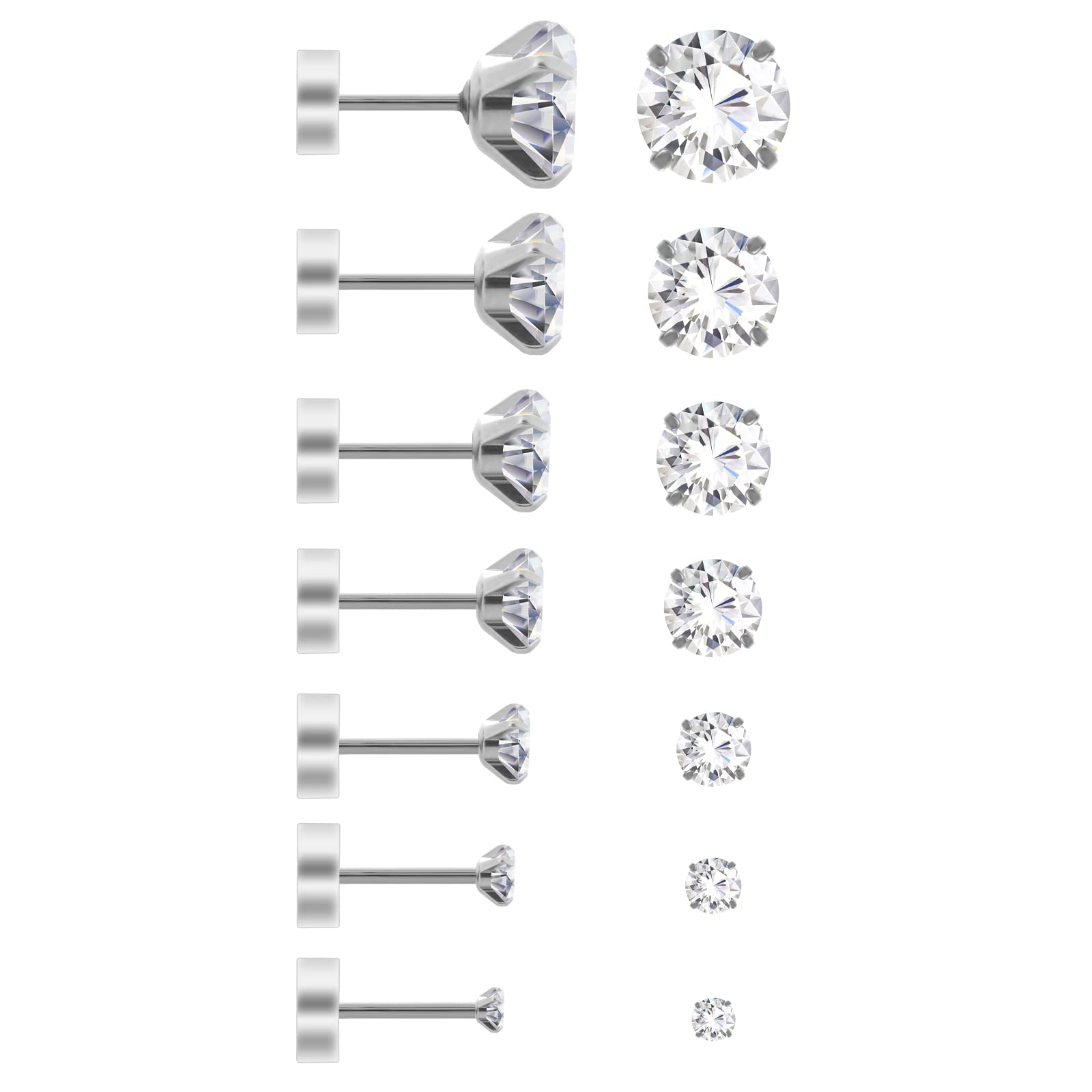Yolev 7 Pairs Cubic Zirconia Stud Earrings Stainless Steel Flatback Earrings for Women Men Cartilage Earring for Sensitive Ears