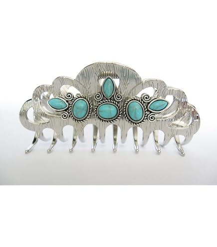 NEW Retro Western Bohemian Silver and Natural Turquoise Luxury Hair Claw Clip metal turquoise western hair claw clip - TikTok Shop main image 3