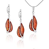 AMBEDORA Women's Jewellery Set Lux D1, Polished Sterling Silver, Baltic Amber in Cognac Colour, Silver Pendant on Chain and Earrings