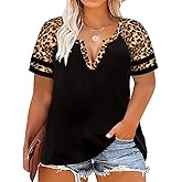 CARCOS Plus Size Tops for Women Short Sleeve Summer Pullover Color Block Crewneck/V Neck Tee Tunic Loose Fit Tshirts XL-5XL