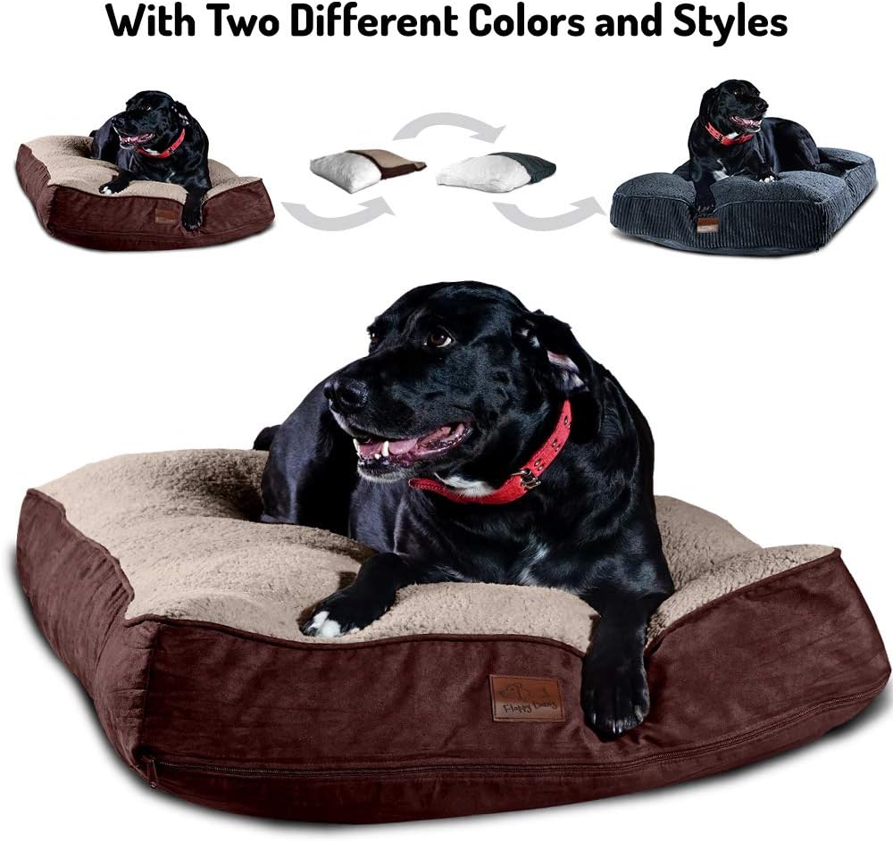 Interchangeable 2-in-1 Dog Bed. Super Extra Large with Two Removable Covers and Waterproof Liner. Made for Big Dogs up to 100 pounds and more. 48x30 and Stuffed 8 Inches High with Memory Foam Pieces. : Pet Supplies