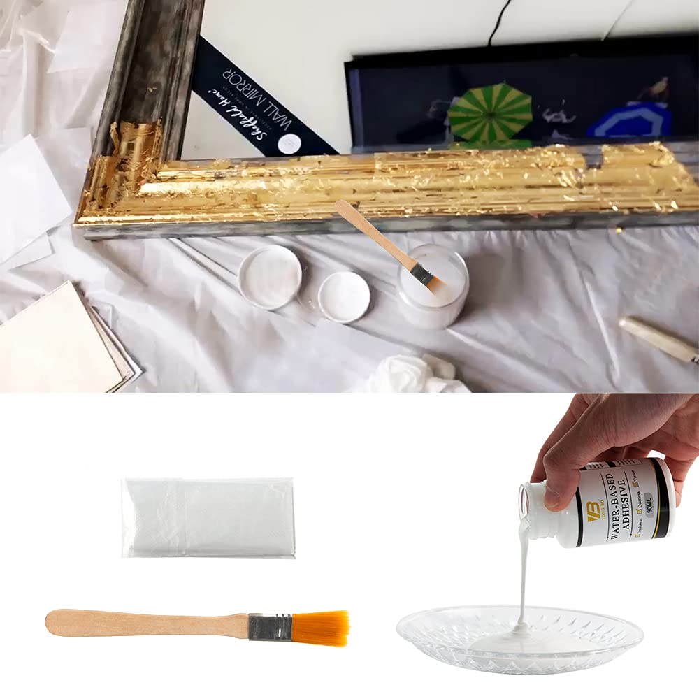 Gilding Adhesive Kit, Gold Leaf Glue Adhesive and Water Based Varnish for Craft Supplier, Resin Art, Furniture Decoration, Wall, Ceiling (2 Brushes + 2 Gloves)
