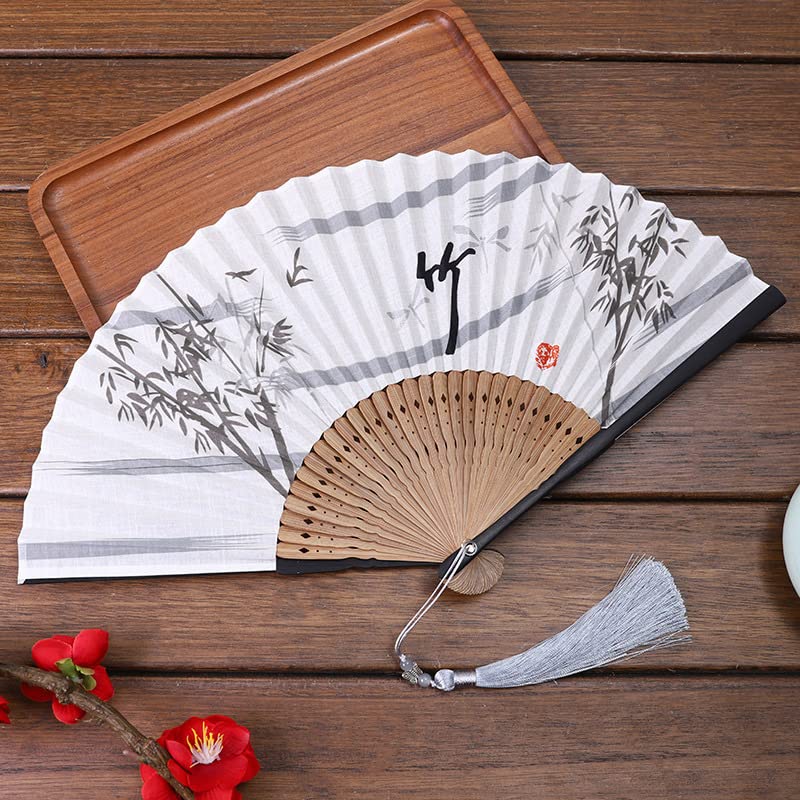 1SourceTek Fan Handheld Folding Bamboo, Handheld Fan Folding for Gift, Party Favors, Home Decor - Chinese Retro Style (White bamboo)