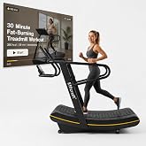 Curved Manual Treadmill, Non Electric Treadmill with 8 Resistance Levels | Self-powered curved treadmill with 8 resistance levels, LED display, rubber belt, phone holder, and transport wheels.