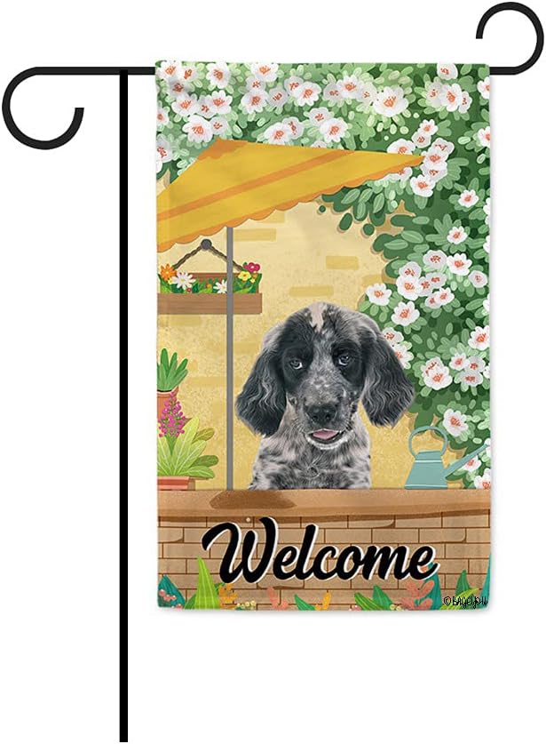 BAGEYOU Welcome Summer Dog Garden Flag Lovely English Setter Playing in The Yard Gardening Floral Plants Sunshade Spring Decor Home Banner for Outside 12.5x18 Inch Print Both Sides