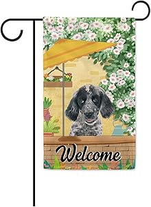 BAGEYOU Welcome Summer Dog Garden Flag Lovely English Setter Playing in The Yard Gardening Floral Plants Sunshade Spring Decor Home Banner for Outside 12.5x18 Inch Print Both Sides