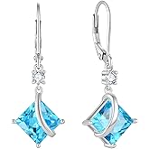 Inpasne Square Princess Cut Drop Dangle Earrings 925 Sterling Silver Solitaire Leverback Earrings Birthstone Jewelry Gifts for Women