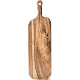 BILL.F Acacia Wood Cutting Board with Handle Small Size Long Wooden Charcuterie Board Paddle Cheese Board Serving Boards for Kitchen Meat, Pizza,Cheese, Bread, Vegetables &Fruits 16'' x 4.7'' x 0.6''