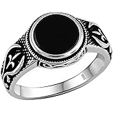 Genuine Solid 925 Sterling Silver Black Onyx Stone, Turkish Handmade Anatolian Motif Men's Ring Gift for Him