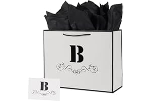 ysmile Letter Gift Bag with Wrapping Tissue for Men Women Boy Girl, 12" Large White Black Paper Bag for Birthday Anniversary Baby Shower Wedding Party - Single B