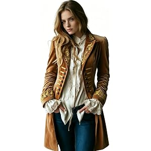 ZODICOS Women's Retro Velvet Blazer, Long Double-Breasted Embroidery Steampunk Jacket Frock Coat, Pink
